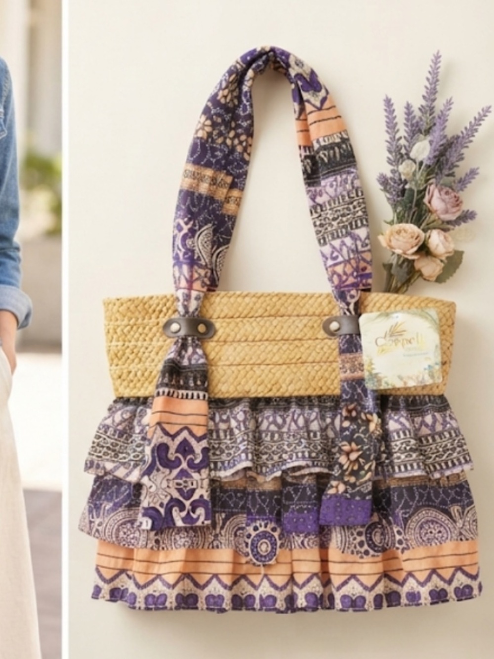 NWT Cappelli Straworld Bag Tote Purse Hand Crafted Boho Chic Ruffled Zip Close - Picture 16 of 16
